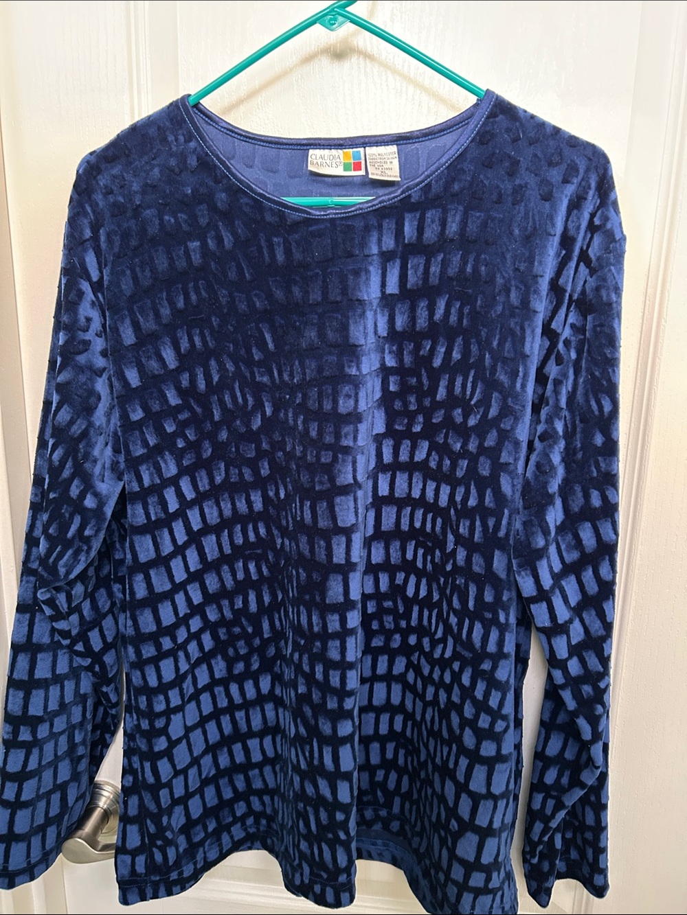 Navy Textured Velvet-Pattern Long Sleeve Tee